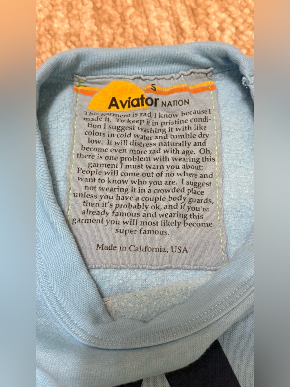 Aviator Nation Sky Blue Crewneck with Navy Logo & Sunset Stripes - Picture 6 of 9